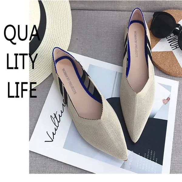 2021 Women's Flat Shoes Ballet Shoes Breathable Knit Pointed Shoes Moccasin Mixed Color Women's Soft Shoes Women Zapatos De