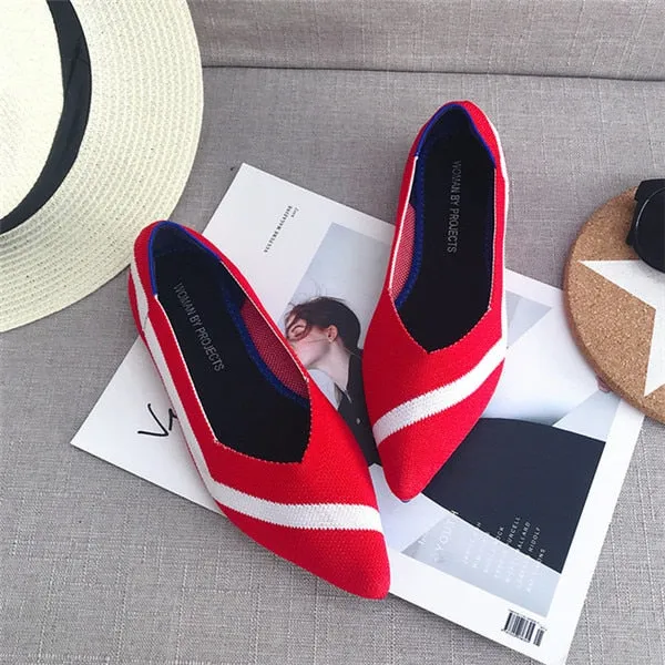 2021 Women's Flat Shoes Ballet Shoes Breathable Knit Pointed Shoes Moccasin Mixed Color Women's Soft Shoes Women Zapatos De
