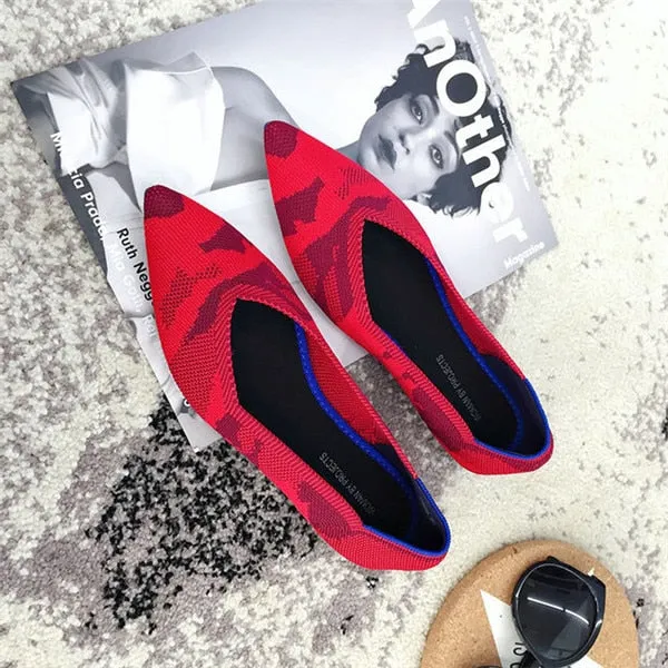 2021 Women's Flat Shoes Ballet Shoes Breathable Knit Pointed Shoes Moccasin Mixed Color Women's Soft Shoes Women Zapatos De