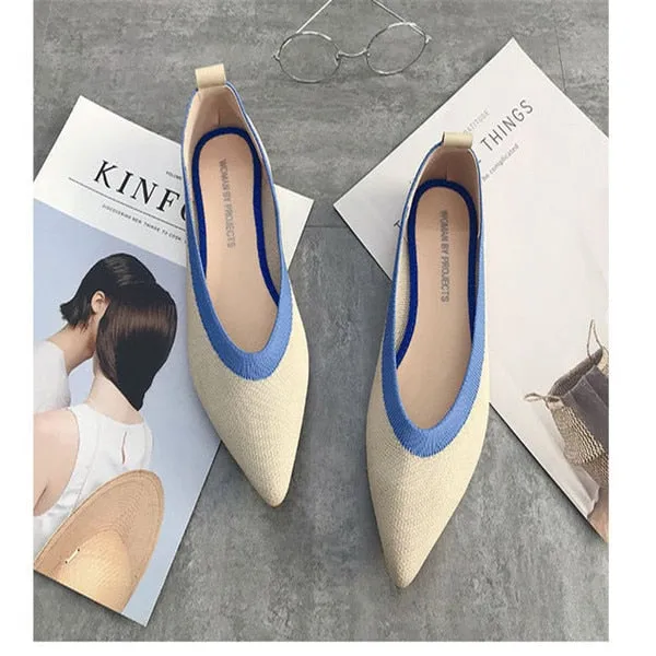 2021 Women's Flat Shoes Ballet Shoes Breathable Knit Pointed Shoes Moccasin Mixed Color Women's Soft Shoes Women Zapatos De