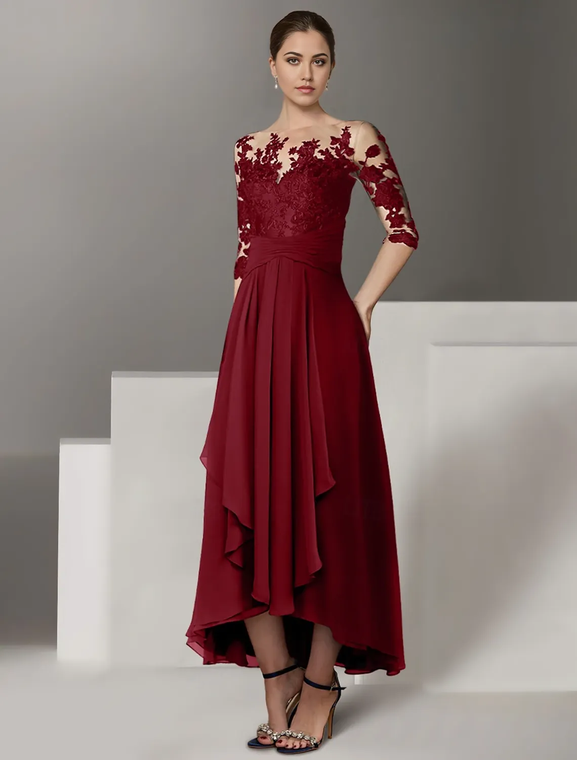A-Line Cocktail Dresses Elegant Dress Wedding Guest Asymmetrical 3/4 Length Sleeve Jewel Neck Stretch Satin with Appliques free custom size