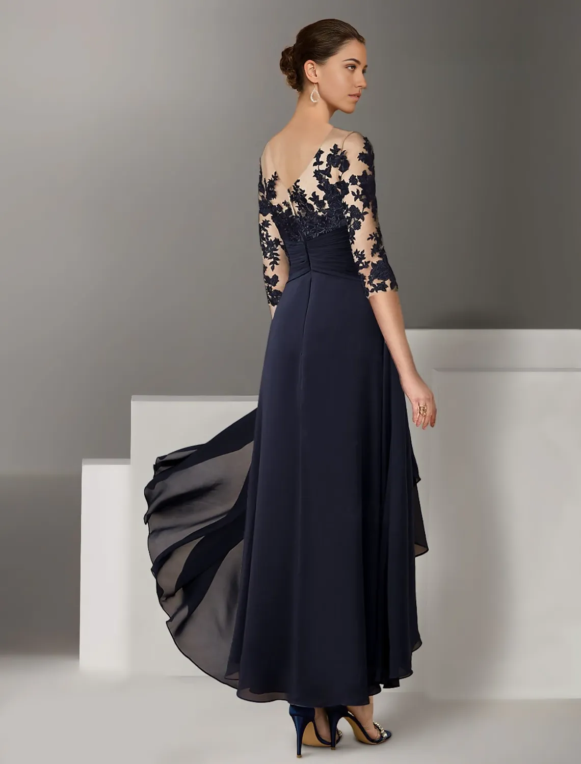 A-Line Cocktail Dresses Elegant Dress Wedding Guest Asymmetrical 3/4 Length Sleeve Jewel Neck Stretch Satin with Appliques free custom size
