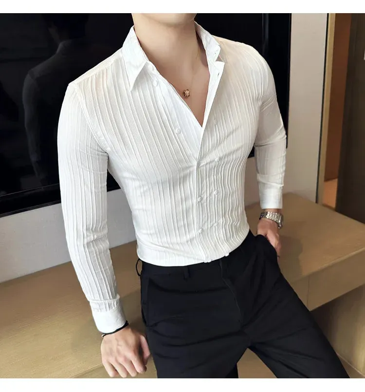 Aidase Men's Solid Color Long-Sleeved Shirt Fashionable Elegant Double-Breasted Ball Nightclub Tops Striped Lapel Shirt
