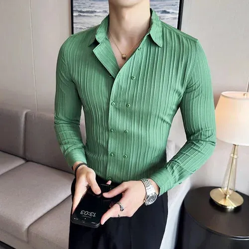 Aidase Men's Solid Color Long-Sleeved Shirt Fashionable Elegant Double-Breasted Ball Nightclub Tops Striped Lapel Shirt