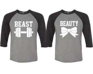 Beast Beauty Couple Matching Adult Contrast Raglan 3/4 Sleeve Baseball T-Shirts – Sold Separately in Unisex Sizes for Him & Her