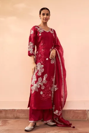 Cherry Red Embroidered Straight Kurta Set