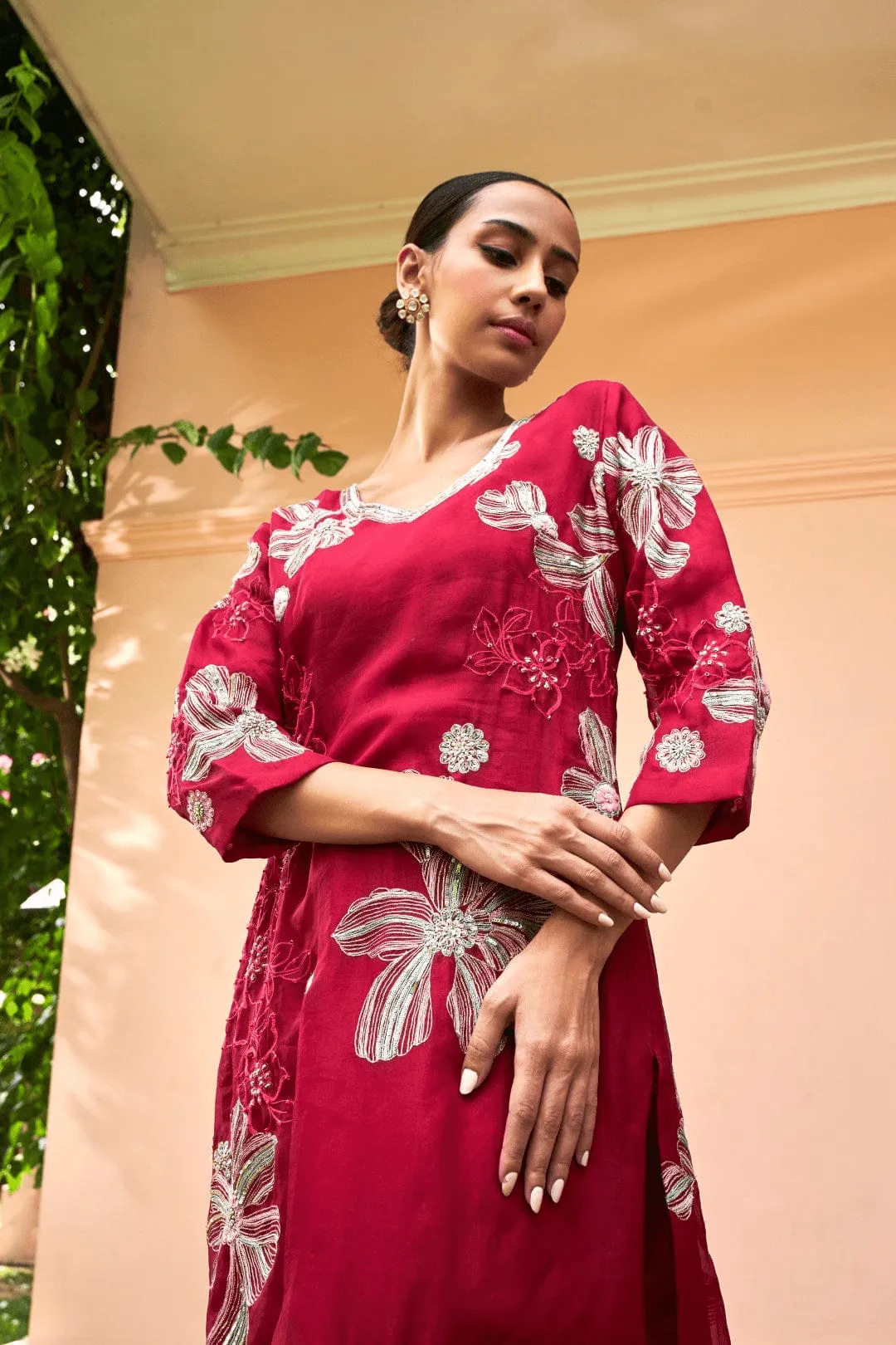Cherry Red Embroidered Straight Kurta Set