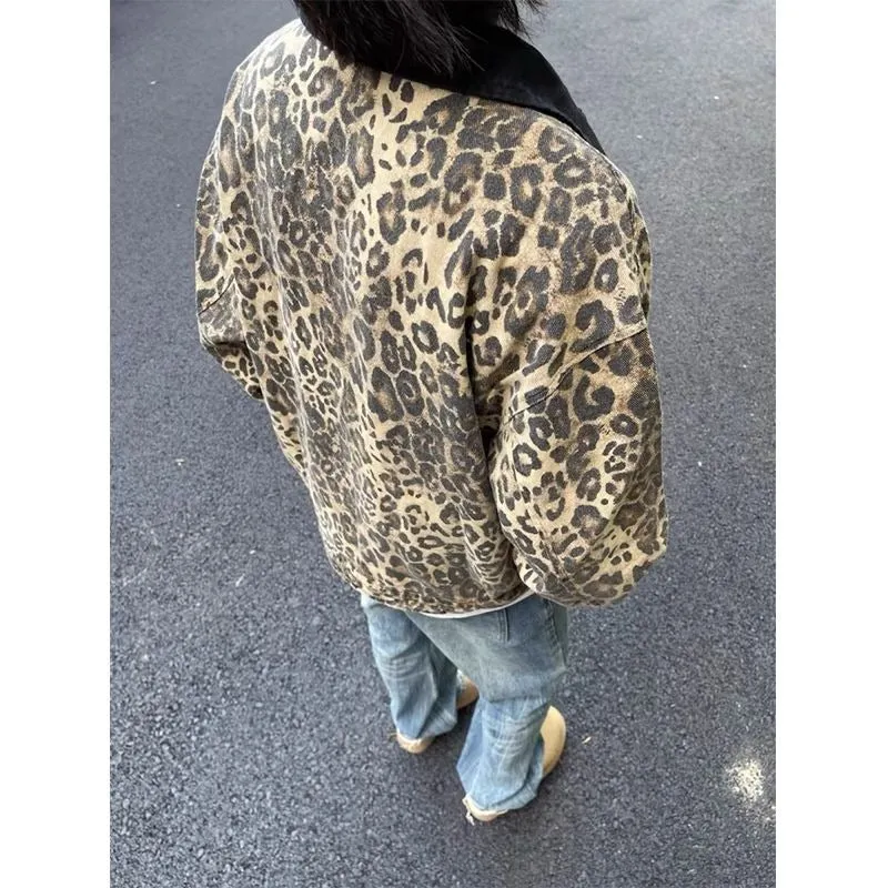 Chicmy-90s streetwear American leopard print handsome high street hip-hop zipper denim jackets women Y2K autumn winter trendy aesthetic couple jackets