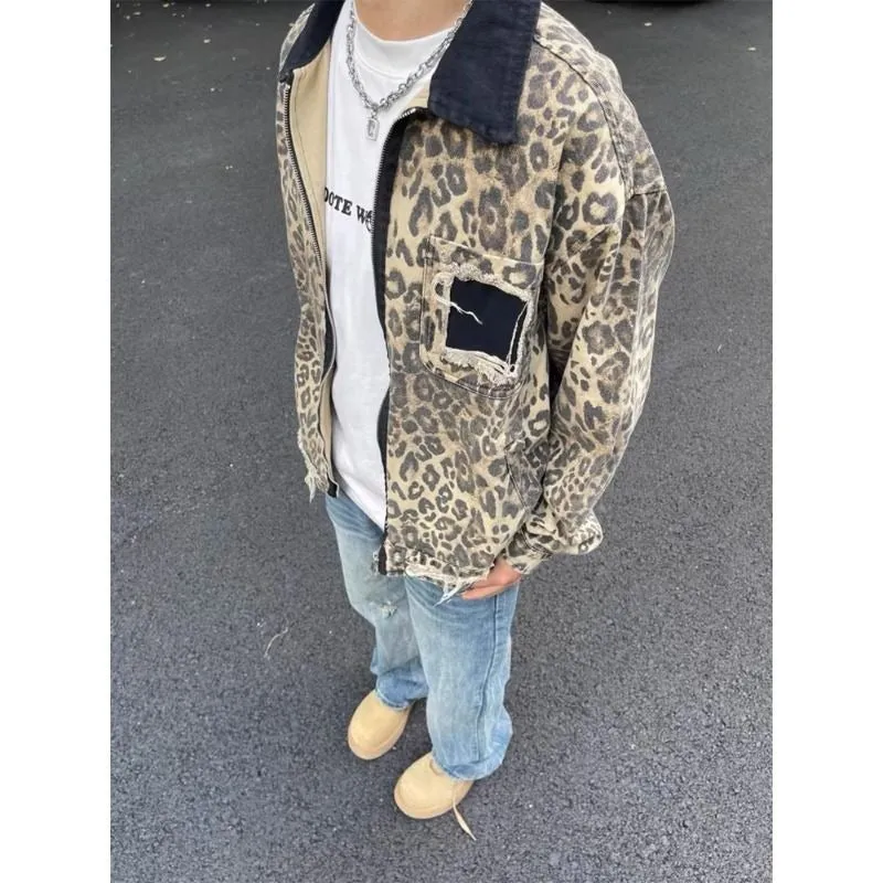 Chicmy-90s streetwear American leopard print handsome high street hip-hop zipper denim jackets women Y2K autumn winter trendy aesthetic couple jackets