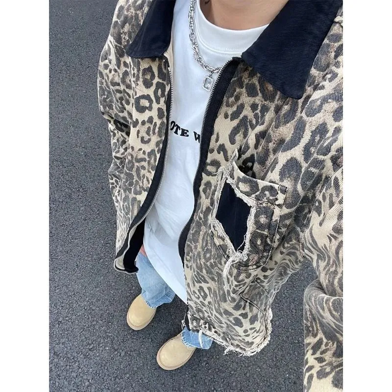 Chicmy-90s streetwear American leopard print handsome high street hip-hop zipper denim jackets women Y2K autumn winter trendy aesthetic couple jackets