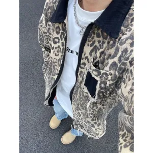 Chicmy-90s streetwear American leopard print handsome high street hip-hop zipper denim jackets women Y2K autumn winter trendy aesthetic couple jackets