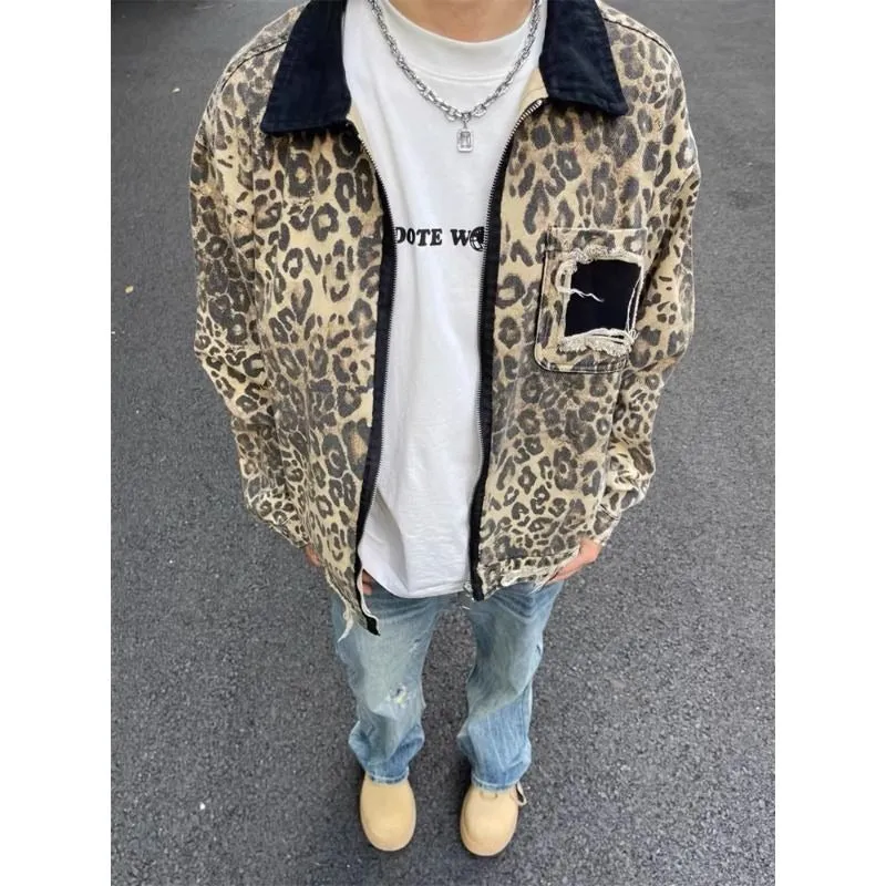 Chicmy-90s streetwear American leopard print handsome high street hip-hop zipper denim jackets women Y2K autumn winter trendy aesthetic couple jackets