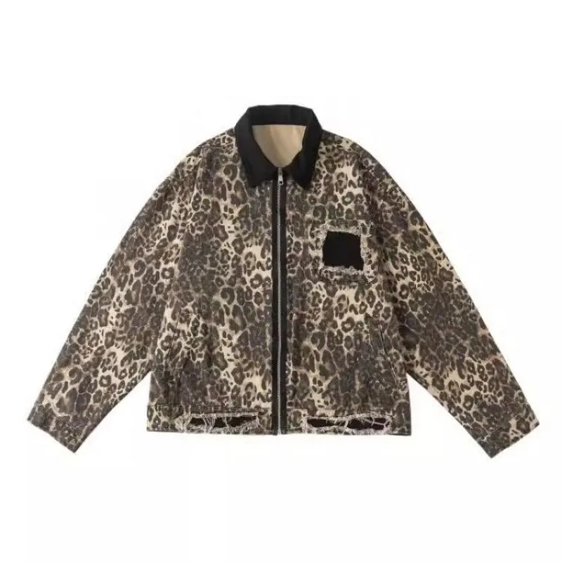 Chicmy-90s streetwear American leopard print handsome high street hip-hop zipper denim jackets women Y2K autumn winter trendy aesthetic couple jackets