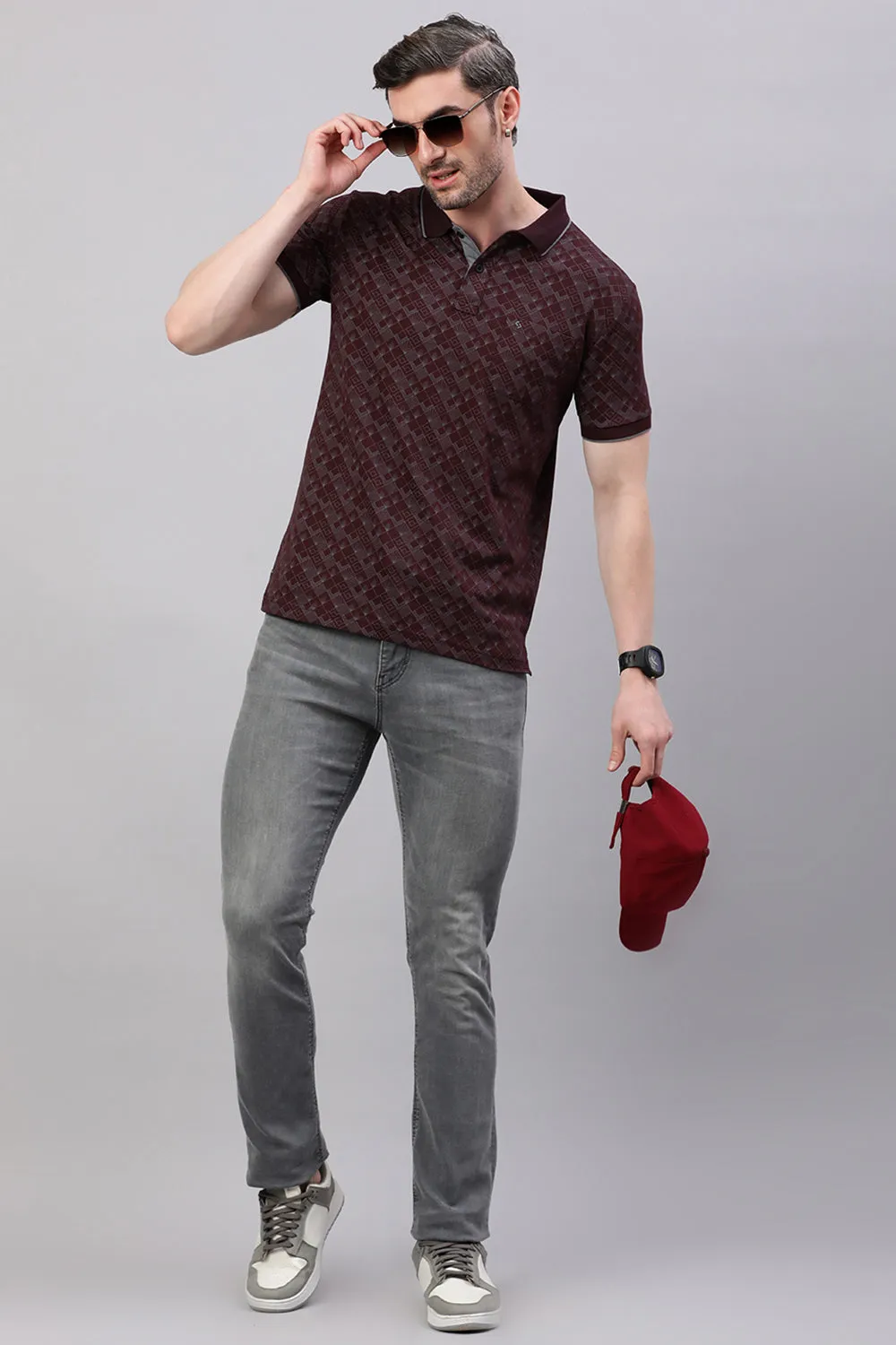 Classic Polo Men's Half Sleeve Burgundy Polo Neck Slim Fit All-Over Print T-Shirt