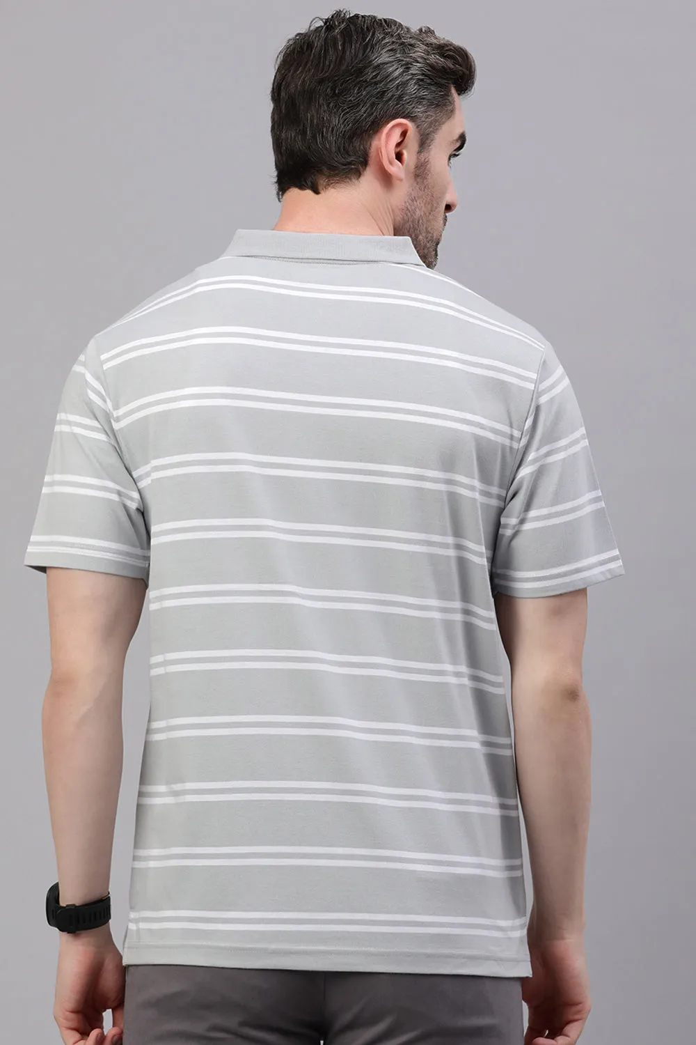 Classic Polo Men's Half Sleeve Grey/White Polo Neck Authentic Fit Striped T-Shirt | AVON - 603 A AF P