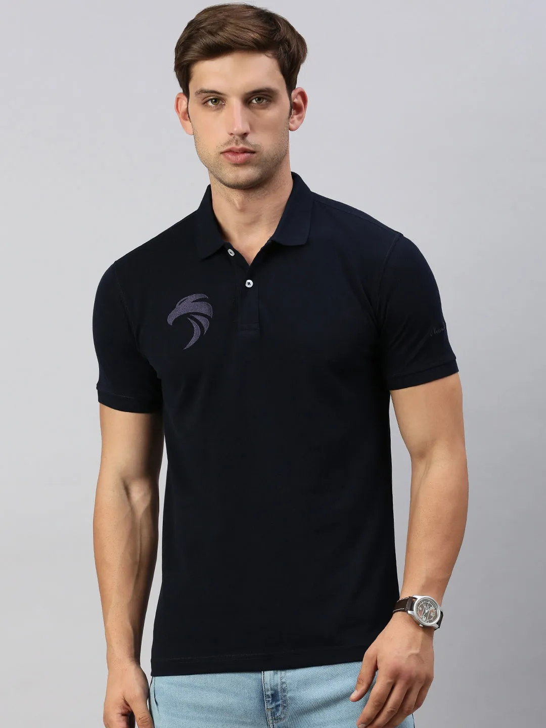 Classic Polo Men's Half Sleeve Navy Blue Polo Neck Cotton Slim Fit T Shirt | PRM - 803 B SF P