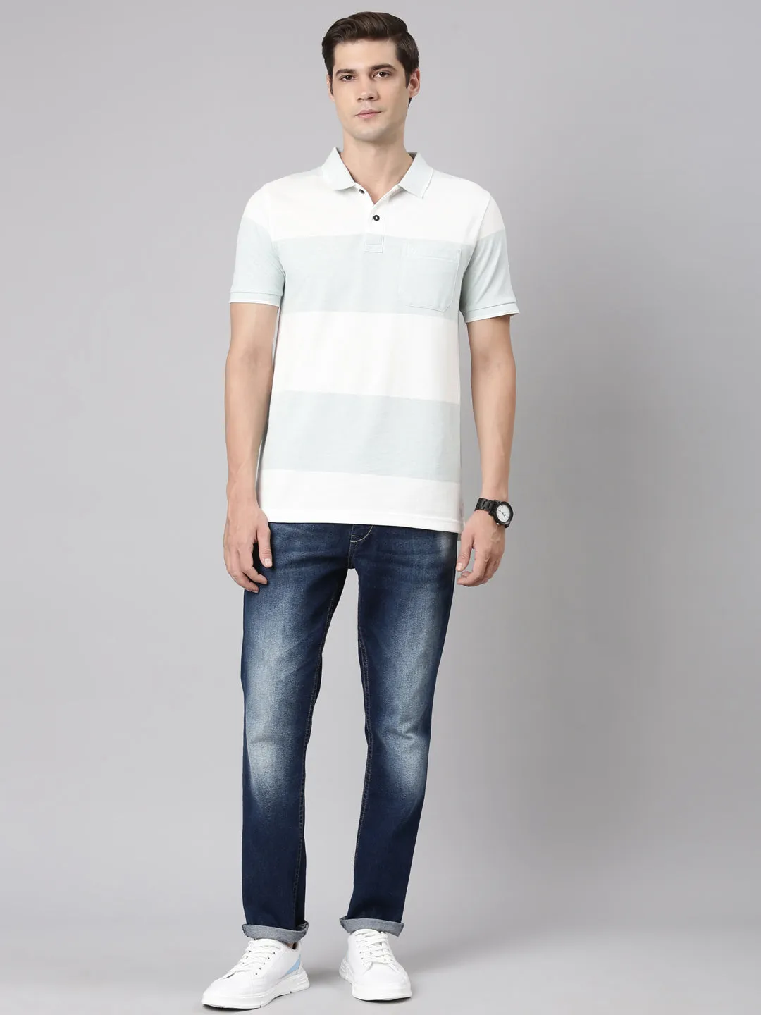 Classic Polo Men's Polo Neck Cotton Lt.Blue/White Slim Fit Striped T-Shirt | ADORE-217 B SF P