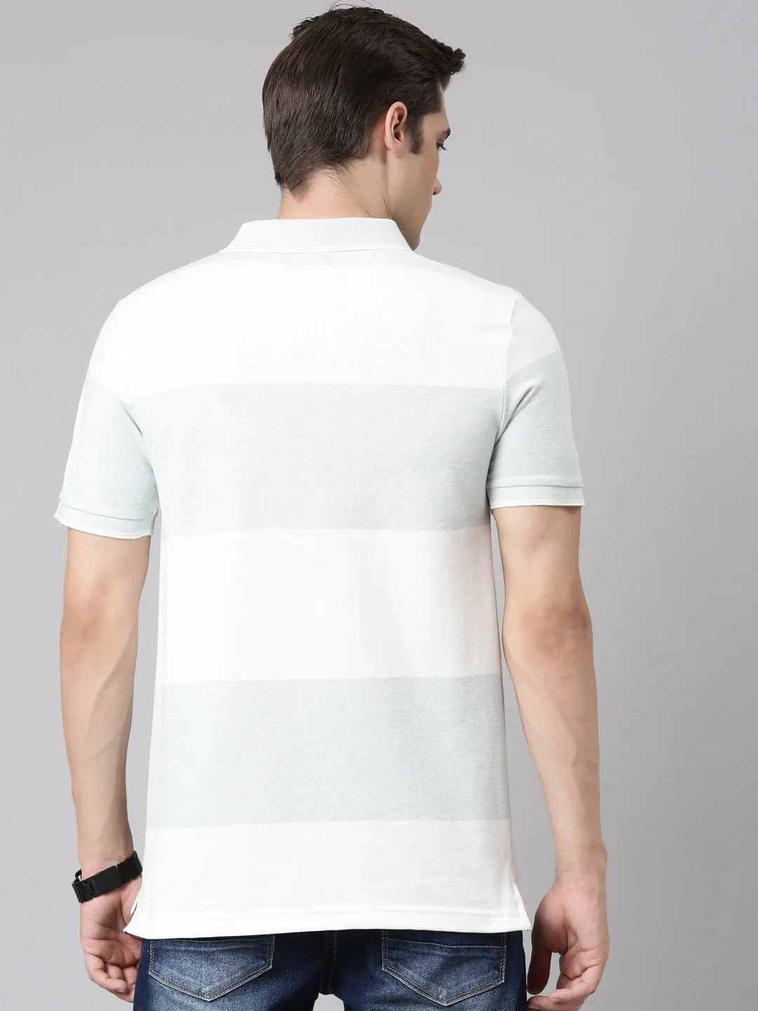Classic Polo Men's Polo Neck Cotton Lt.Blue/White Slim Fit Striped T-Shirt | ADORE-217 B SF P
