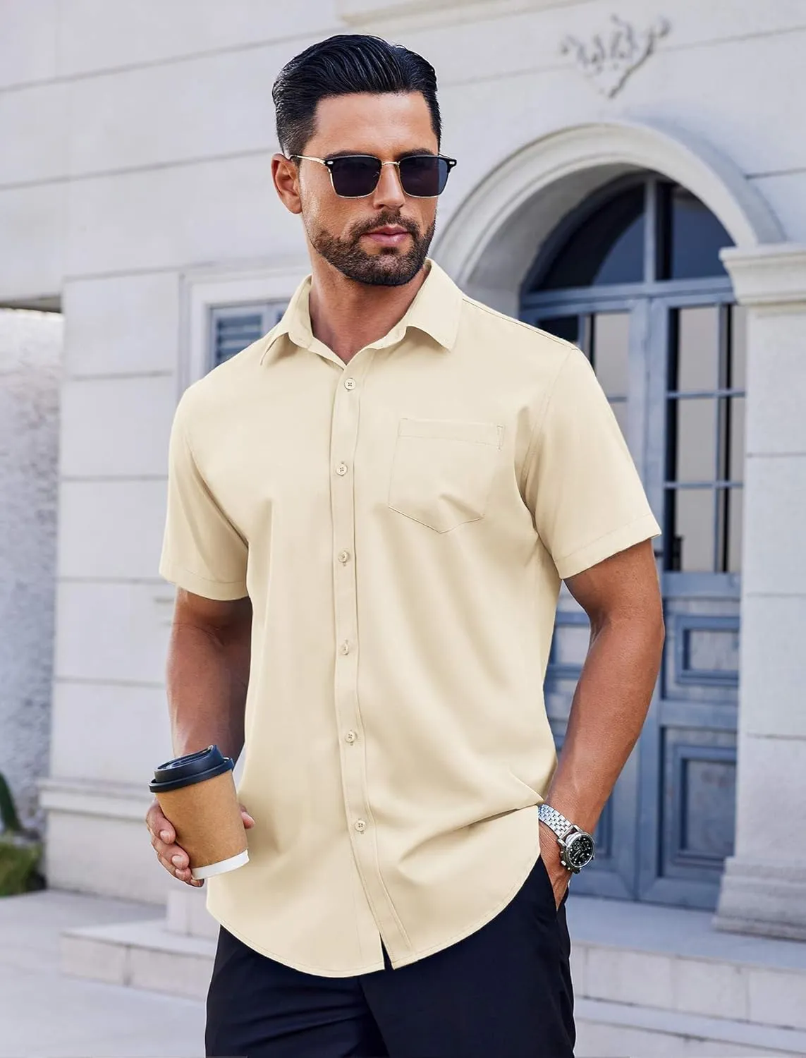 COOFANDY Mens Casual Button Down Shirts Short Sleeve Summer Untucked Dress Shirt with Pocket