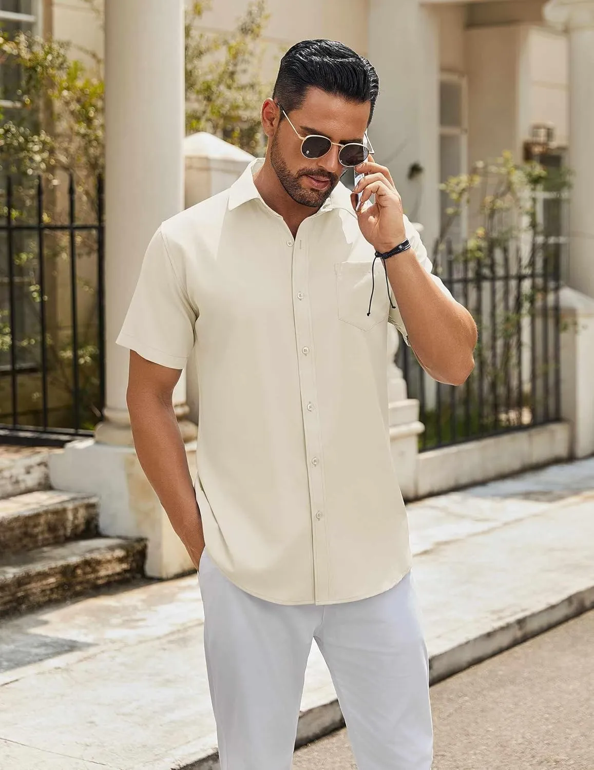 COOFANDY Mens Casual Button Down Shirts Short Sleeve Summer Untucked Dress Shirt with Pocket