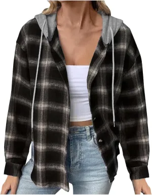 Cotton Women's Plaid Hooded Shirt Jacket Button Down Shacket Drawstring Hooded Fall Streetwear Leisure Commuting