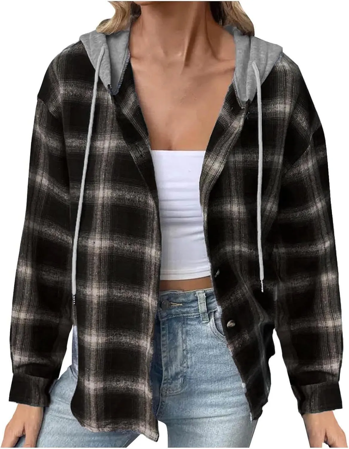 Cotton Women's Plaid Hooded Shirt Jacket Button Down Shacket Drawstring Hooded Fall Streetwear Leisure Commuting