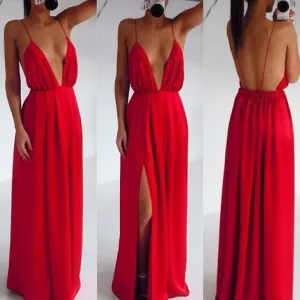 Deep V-neck Straps Split Backless Long Dress