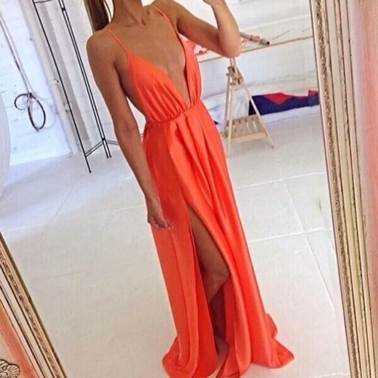Deep V-neck Straps Split Backless Long Dress