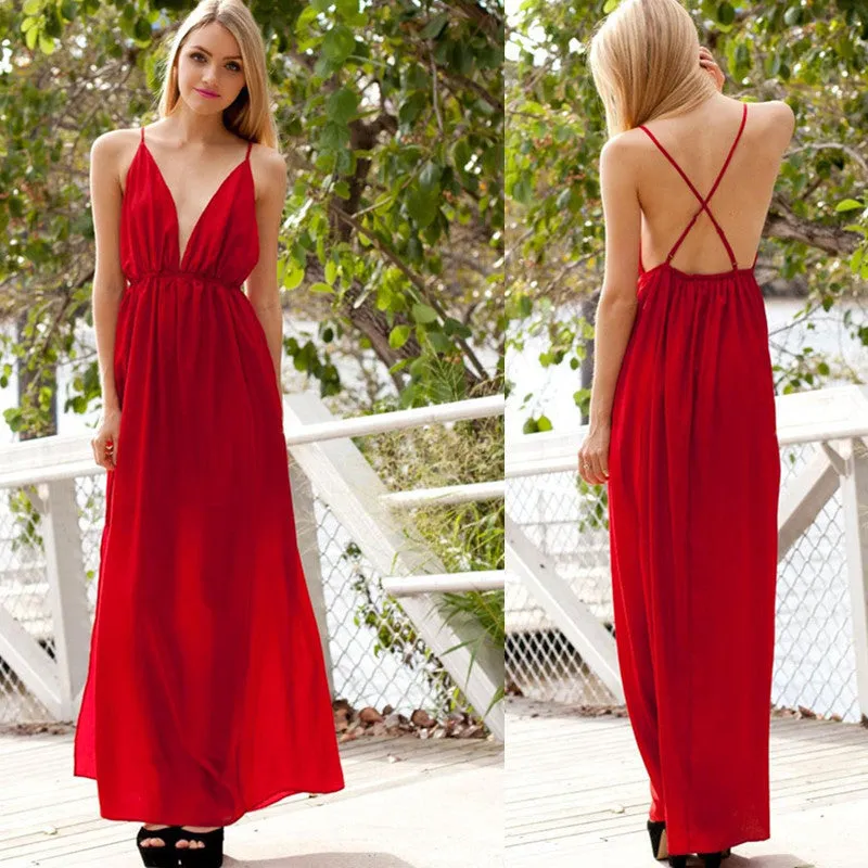 Deep V-neck Straps Split Backless Long Dress