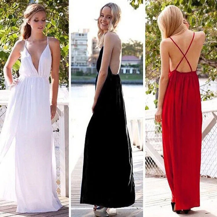 Deep V-neck Straps Split Backless Long Dress