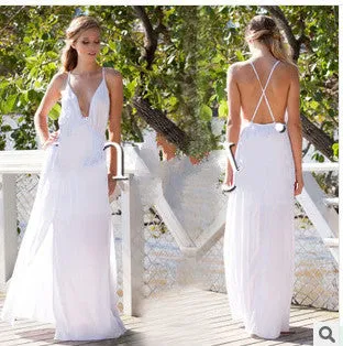 Deep V-neck Straps Split Backless Long Dress