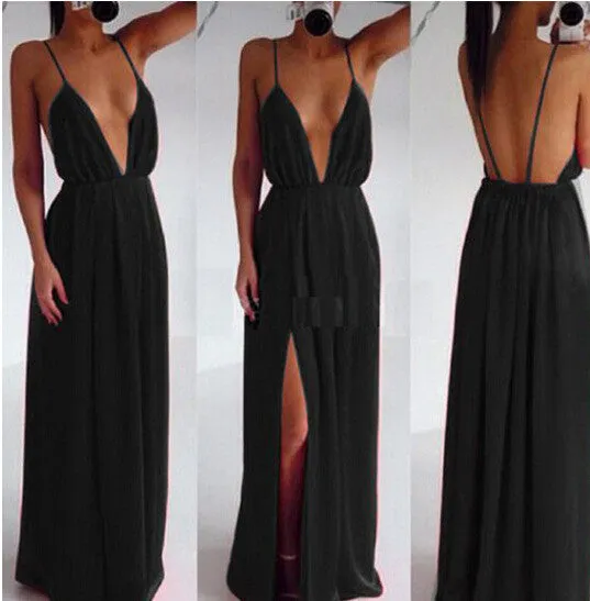 Deep V-neck Straps Split Backless Long Dress