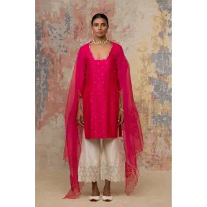 Devnaagri Fuchsia Pink Mukaish Chanderi Kurta and Palazzo with Dupatta (Set of 3)