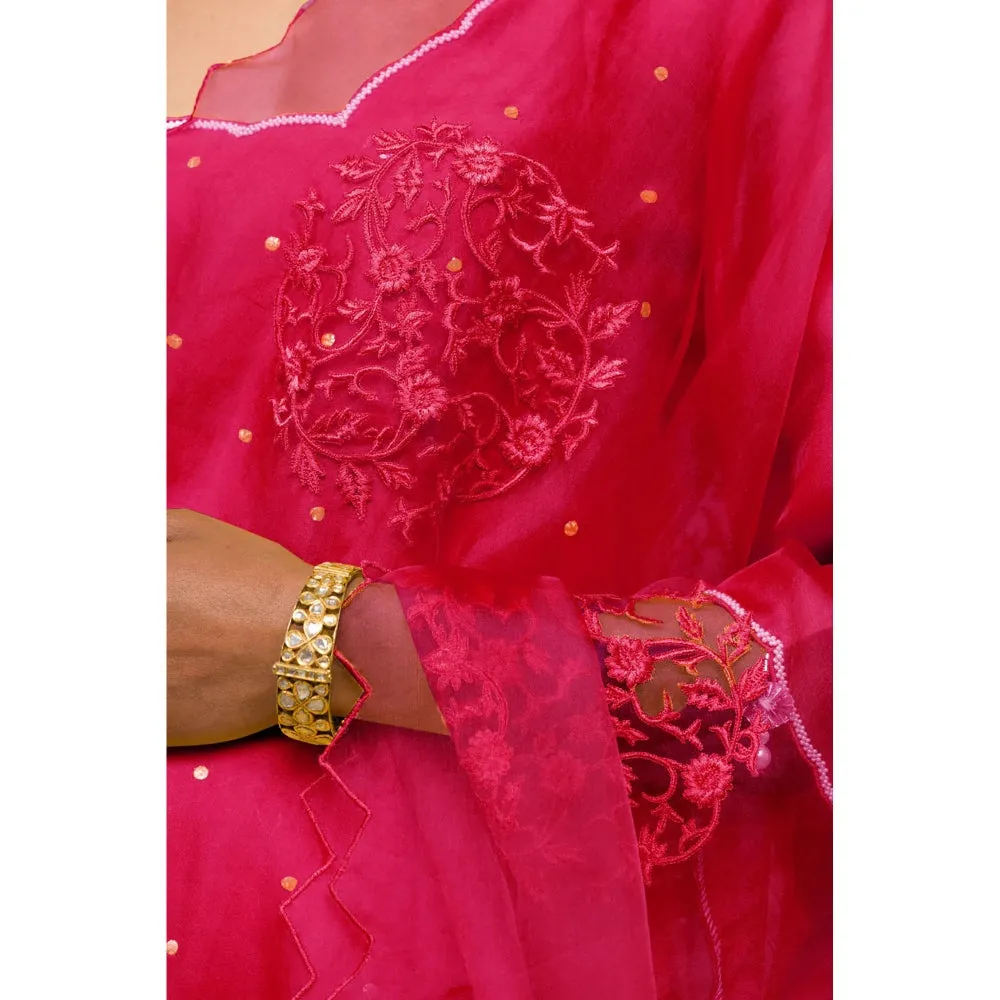 Devnaagri Fuchsia Pink Mukaish Chanderi Kurta and Palazzo with Dupatta (Set of 3)