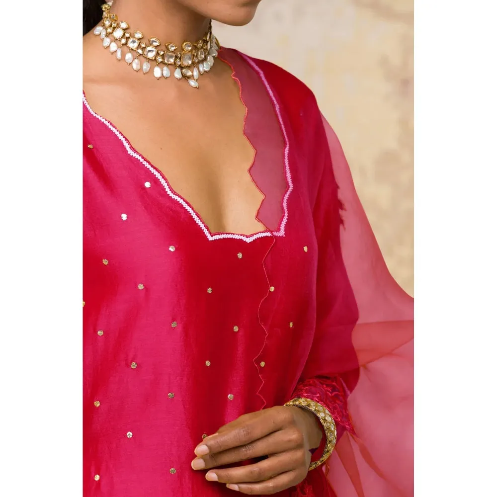 Devnaagri Fuchsia Pink Mukaish Chanderi Kurta and Palazzo with Dupatta (Set of 3)