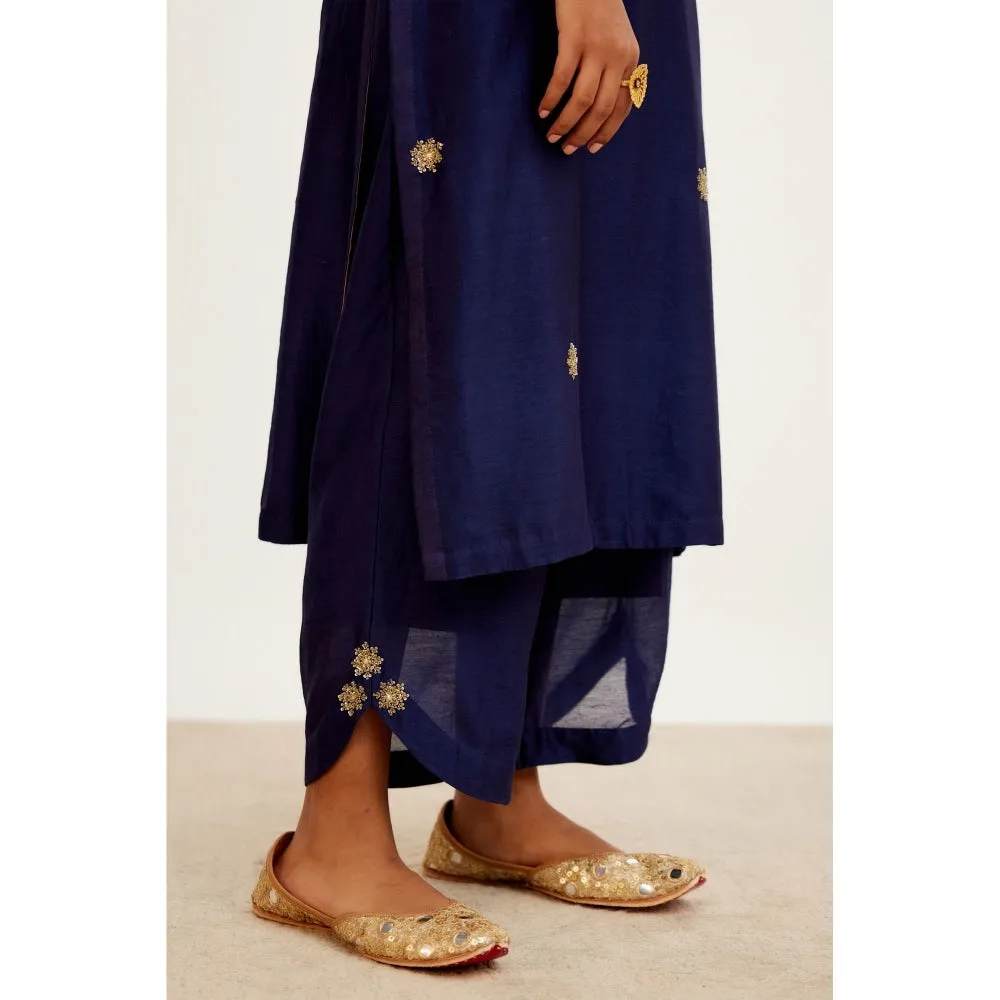 Devnaagri Navy Blue Hand Embroidered Kurta and Palazzo with Dupatta (Set of 3)