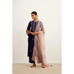 Devnaagri Navy Blue Hand Embroidered Kurta and Palazzo with Dupatta (Set of 3)