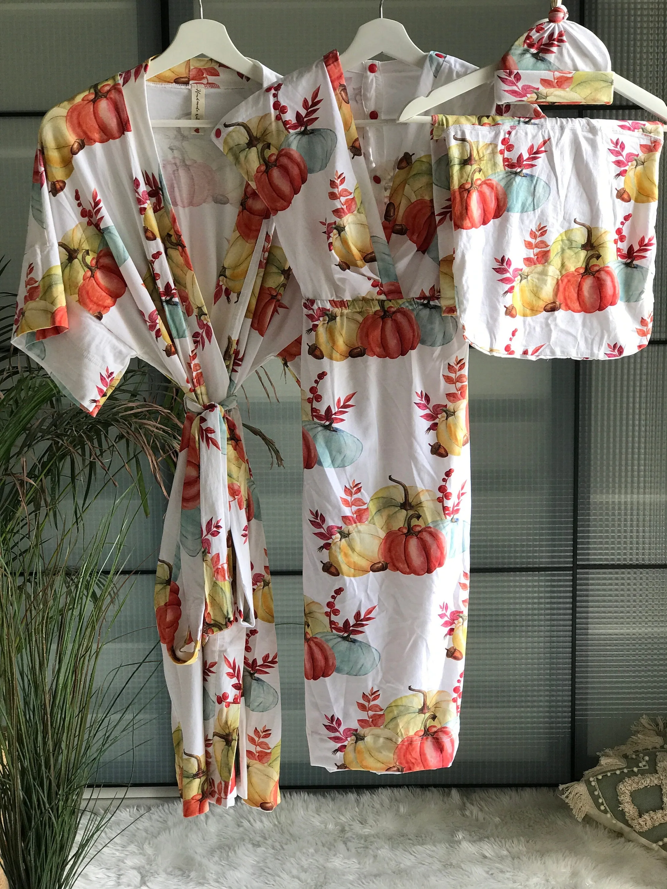 Dress for pregnancy, labor and delivery, breastfeeding, night time feeding, soft, flattering fit in Fall Autumn squash. Baby boy or girl.