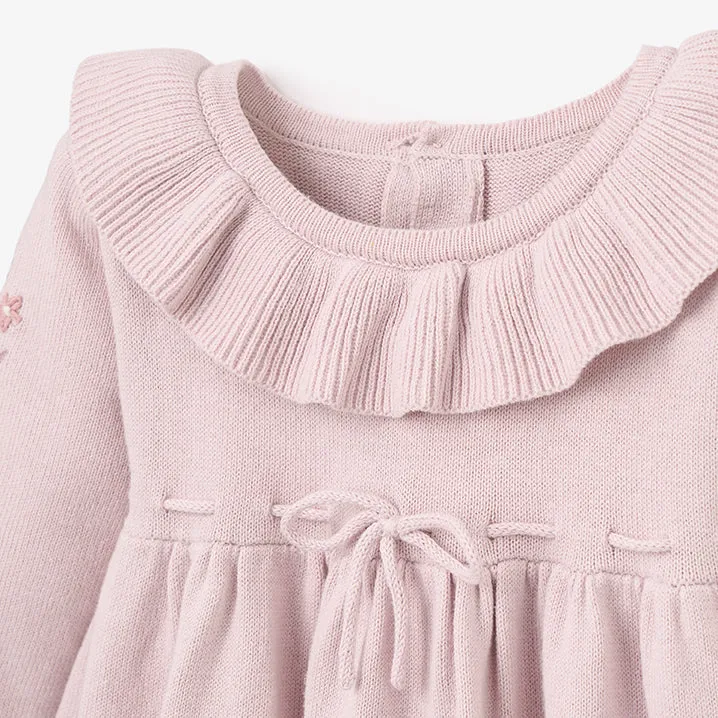 Elegant Baby Embroidered Ruffle Collar Knit Dress w/ Bloomer ~ Violet