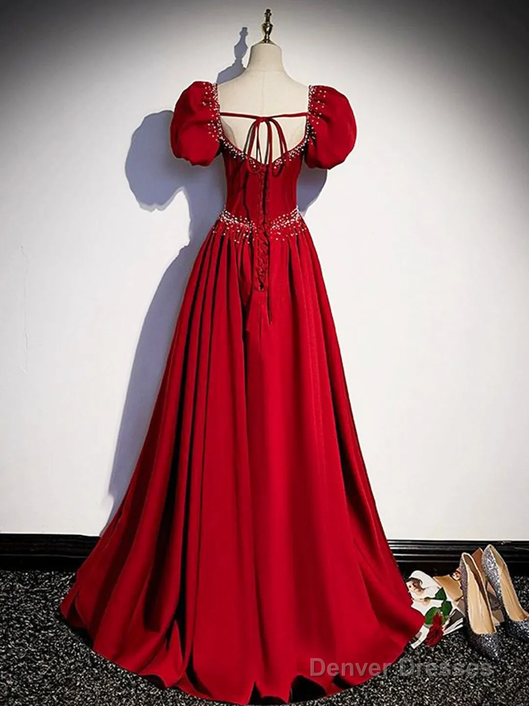 Elegant Burgundy Floor Length Prom Dress, A-Line Beading Puffy Short Sleeve Backless Evening Dress