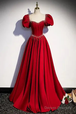 Elegant Burgundy Floor Length Prom Dress, A-Line Beading Puffy Short Sleeve Backless Evening Dress