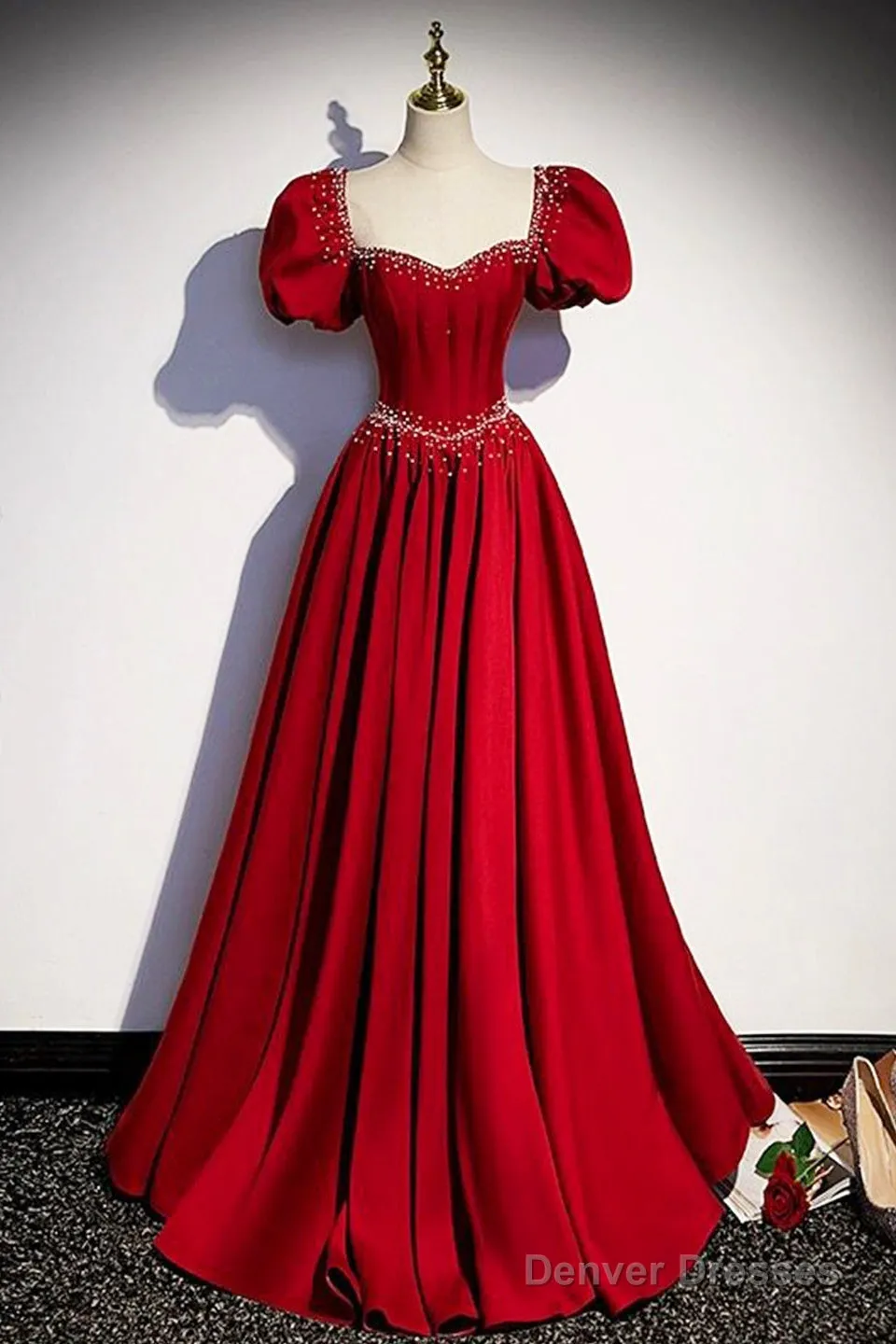 Elegant Burgundy Floor Length Prom Dress, A-Line Beading Puffy Short Sleeve Backless Evening Dress