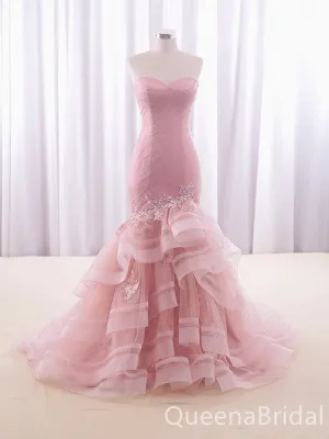 Elegant Light Pink Strapless Lace Appliques Ruffles Mermaid Party Dress Long Prom Dresses to Impress ,WGP1463