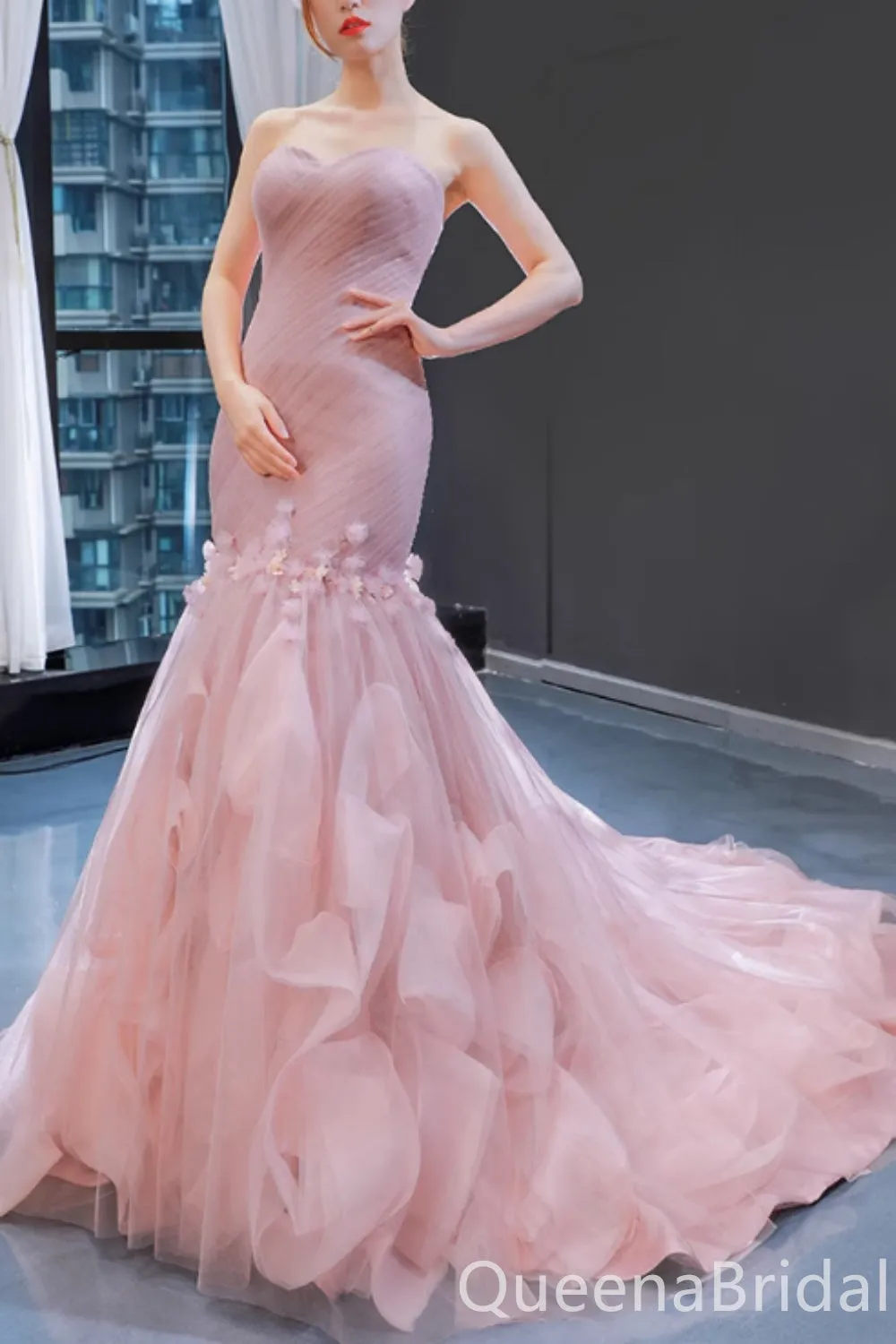 Elegant Pink Floral Strapless Sweetheart Mermaid Lace up Back Party Dress Long Prom Dresses to Impress ,WGP1698