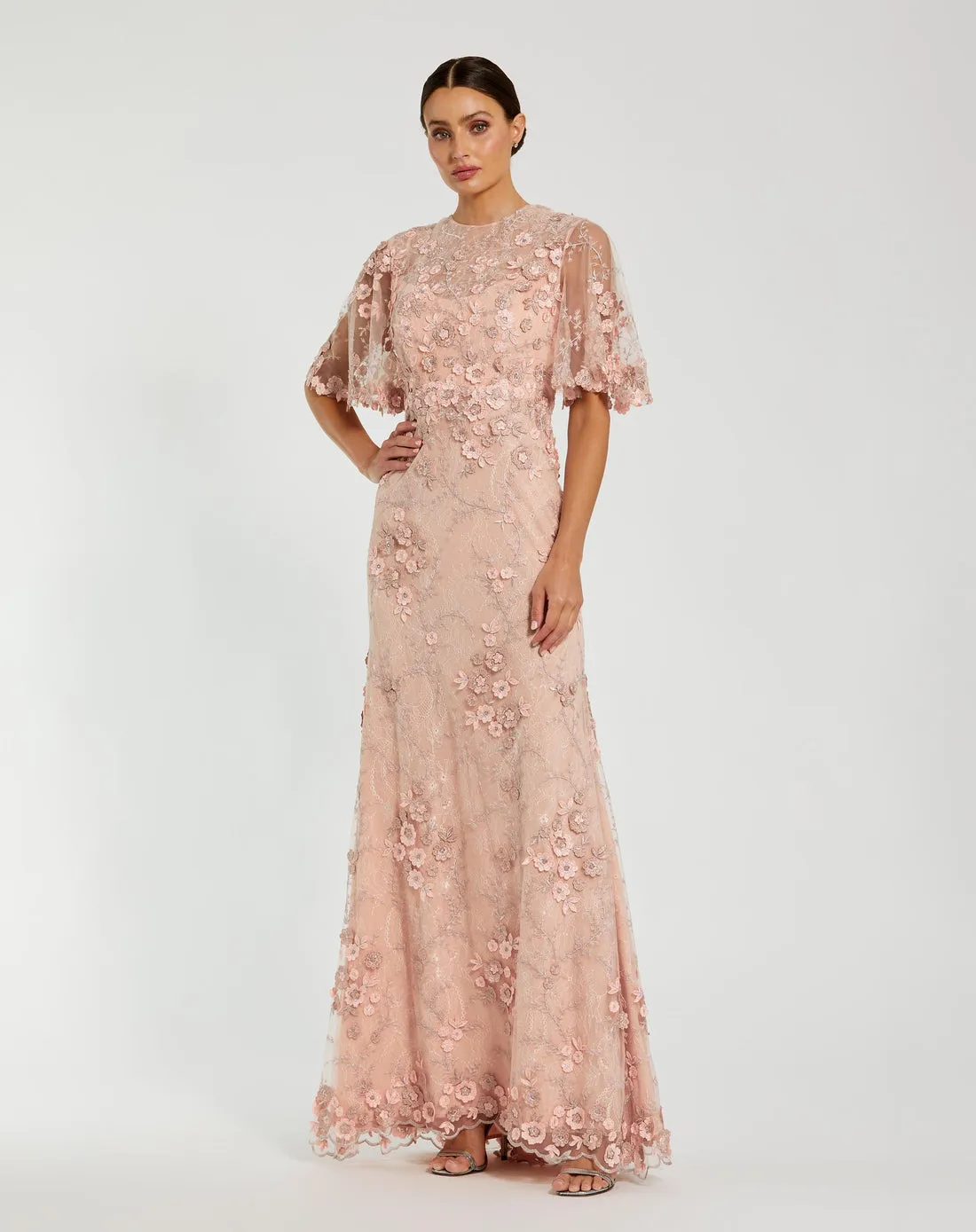 Flutter Sleeve Floral Embroidered Net Gown - Rose