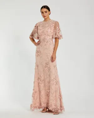 Flutter Sleeve Floral Embroidered Net Gown - Rose