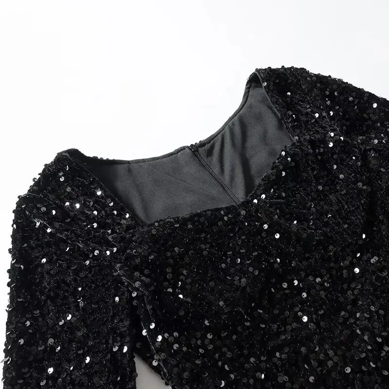 Flytonn Autumn New Year Party Dresses 2025 New Arrivals Mini Black Sequin Dress Long Sleeve Velvet Bodycon Dress Women's Clothing-nye outfits