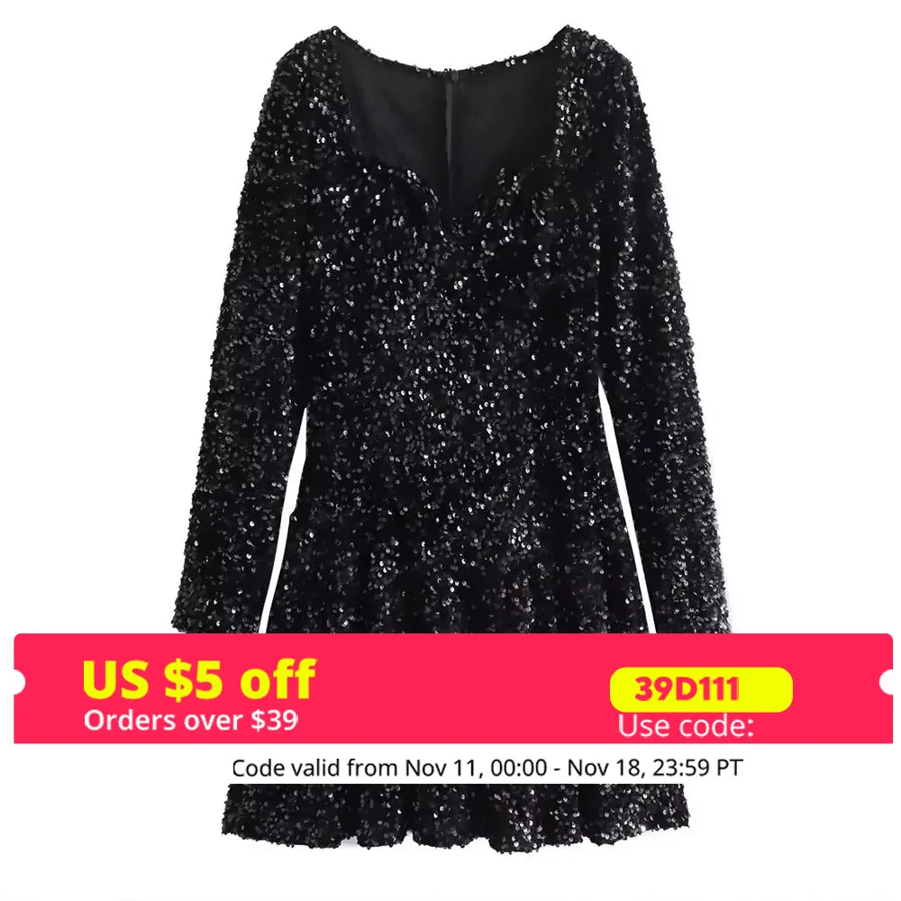 Flytonn Autumn New Year Party Dresses 2025 New Arrivals Mini Black Sequin Dress Long Sleeve Velvet Bodycon Dress Women's Clothing-nye outfits