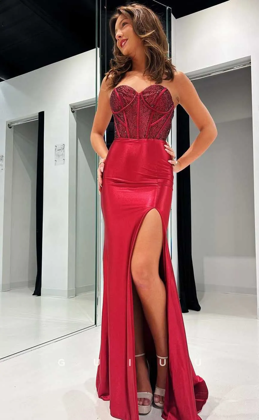 G4440 - Sexy & Hot Red Stain Column Mermaid Strapless Sleeveless Long Prom Party Dress with Slit