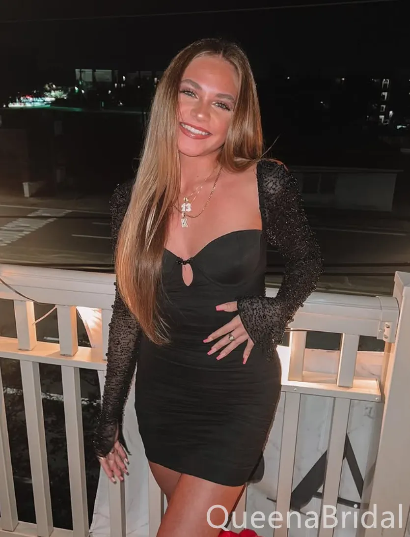 Gorgeous Black Sweetheart Long Sleeves Mermaid Graduation Party Short Homecoming Dress Formal Evening Party Dress , QB0861